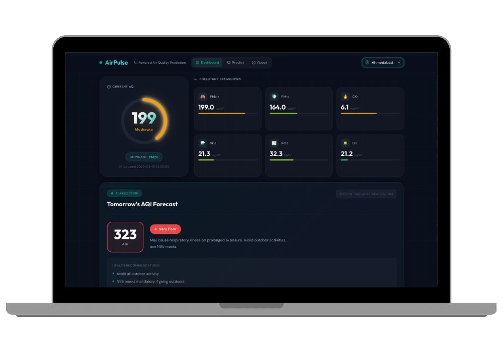 AirPulse - AI Air Quality Prediction System with Live Dashboard and Next-Day AQI Forecasting for Indian Cities