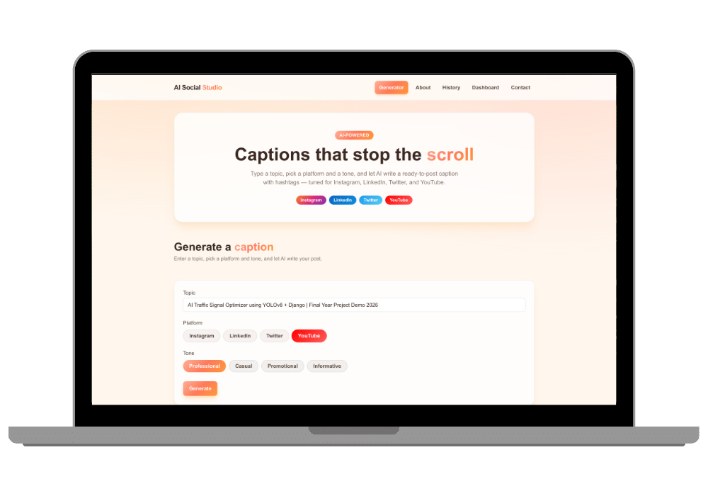 AI Social Media Content Studio — Automated Caption & Hashtag Generator Final Year Project