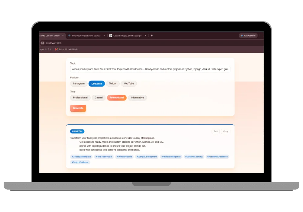 AI Social Media Content Studio — Automated Caption & Hashtag Generator Final Year Project
