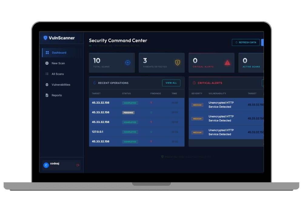 Advanced Network Security Vulnerability Scanner & Penetration Testing Platform with Real-Time Monitoring