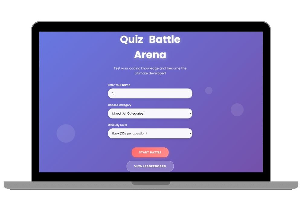 Quiz Battle Arena: Code Mastery Challenge – HTML, CSS & JS Trivia Game with Leaderboard