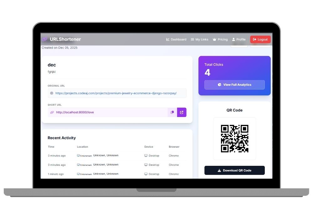 Django URL Shortener with Analytics & QR Code Generator - Subscription SaaS Project