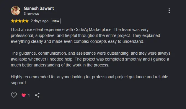 5-Star Review from Ganesh Sawant – Excellent Project Guidance at CodeAj Marketplace